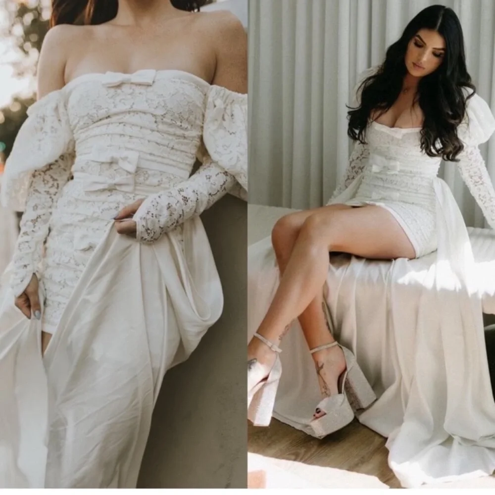 NWT For Love & Lemons Colette Lace Bow Bridal Dress With Train - Picture 5 of 14